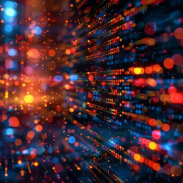 A blurry bokeh lights background with detailed software code overlaid on top