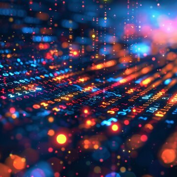 A blurry bokeh lights background with detailed software code overlaid on top