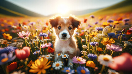 Joyful Puppy Amidst Vibrant Spring Blooms - obrazy, fototapety, plakaty