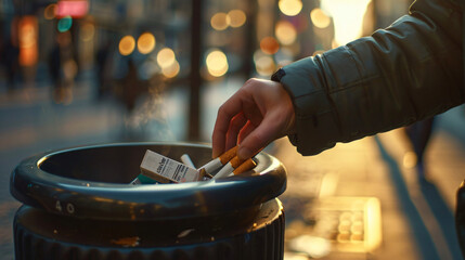 A persons hand discarding a pack of cigarettes into a trash can a decision for health. - obrazy, fototapety, plakaty