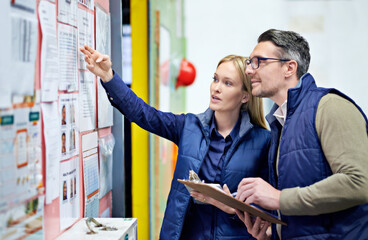 Man, woman and planning schedule with board in warehouse with calendar for order details. Business,...