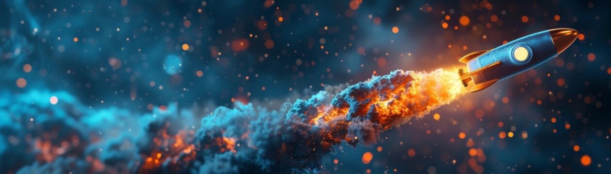 Cryptocurrency expanding rapidly with Bitcoin rocket soaring through digital space. Innovative technology showcased in generative AI creation.