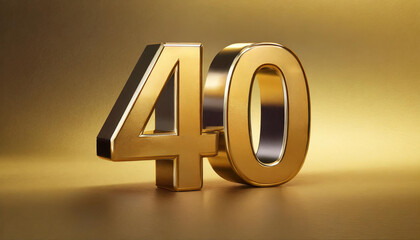 Golden number 40 on golden background with gradient and copy space. 3D rendering.