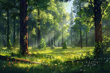 Forest Clearing: a peaceful forest clearing, with tall trees in the background, sunlight filtering through the canopy in the middle ground, and wildflowers or fallen logs in the foreground.
