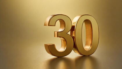 Golden number 30 on golden background with gradient and copy space. 3D rendering. - obrazy, fototapety, plakaty