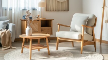Scandinavian Serenity Modern Living Room with Armchair and Wooden Small Coffee Table in Sleek Scandinavian Furniture Design, Clean Lines and Cozy Elegance
