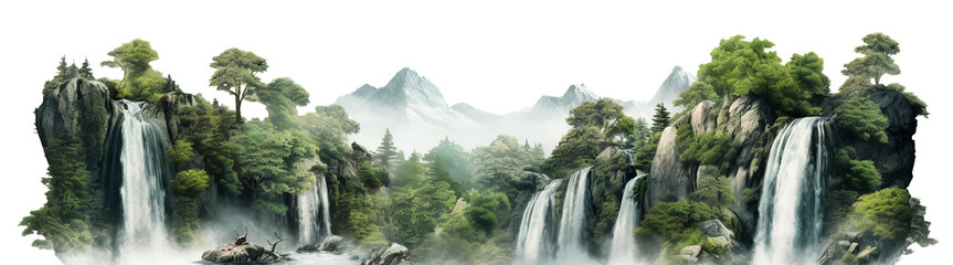 Naklejka premium Cascading waterfalls in a lush green place, cut out