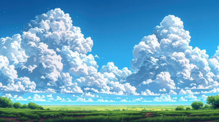 landscape with a green meadow under a bright blue sky with snow-white voluminous clouds - obrazy, fototapety, plakaty