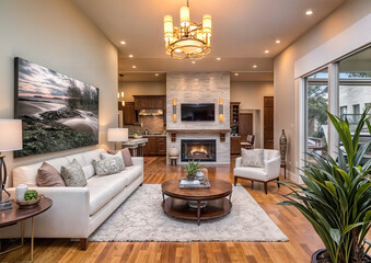 Luxury living room with fireplace and wooden furniture. Northwest, USA