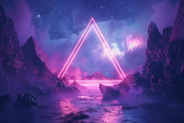 Zelfklevend Fotobehang Glowing neon backdrop featuring geometric triangle design, Stunning border and alien terrain beneath starlit heavens and Stones. Cutting-edge, simple wallpaper. Made using Artificial Intelligence. © tonstock