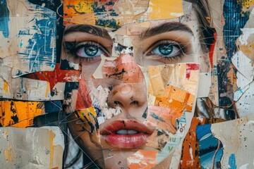 Create a contemporary art portrait featuring a woman using eclectic paper collage techniques. Innovative generative AI technology.