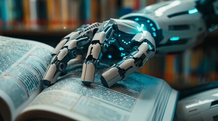 Fototapeta na wymiar AI robot reading a book in the library. collaboratively studying from a vast array of textbooks. Machine learning, Innovation, futuristic technology concept