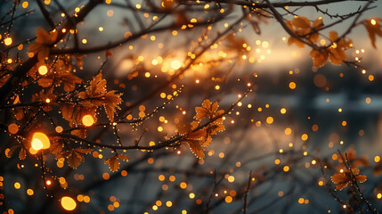 Golden autumn leaves. Orange leaves on branches in sunset light with bokeh effect.