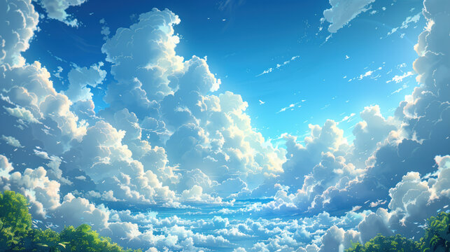 A bright daytime landscape, showing a look up at a vast blue sky studded with fluffy white clouds, with sunlight breaking through them