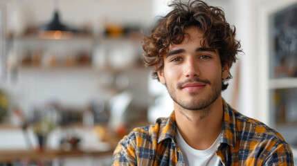 Young adult male with curly hair and a checkered shirt smiles gently, standing in a cozy kitchen with shelves in the background. - obrazy, fototapety, plakaty