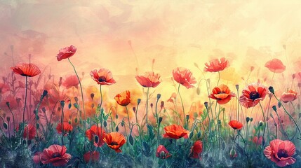 Poppies in watercolor pastel nature scene blooming meadow sunset ambiance broad landscape