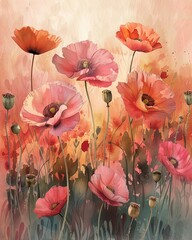 Blooming watercolor poppies pastel nature vista daylight harmony panoramic landscape tranquil view