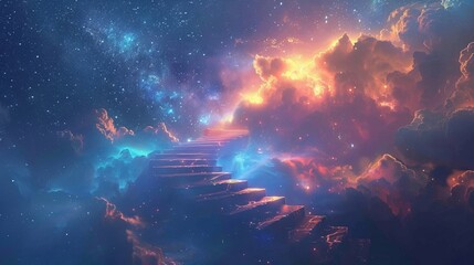 Surreal depiction of a spiral stairway disappearing into a celestial realm, symbolizing the exploration of uncharted territories of the mind - obrazy, fototapety, plakaty