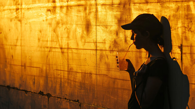 A persons shadow against a wall holding a drink battling internal demons.