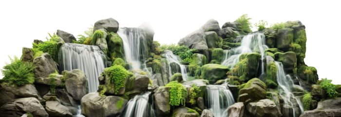 Cascading waterfalls in a lush green place, cut out