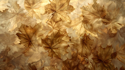 An elegant array of autumn leaves, each delicately veined and subtly shaded in tones of warm brown and beige, gently fluttering in a breeze