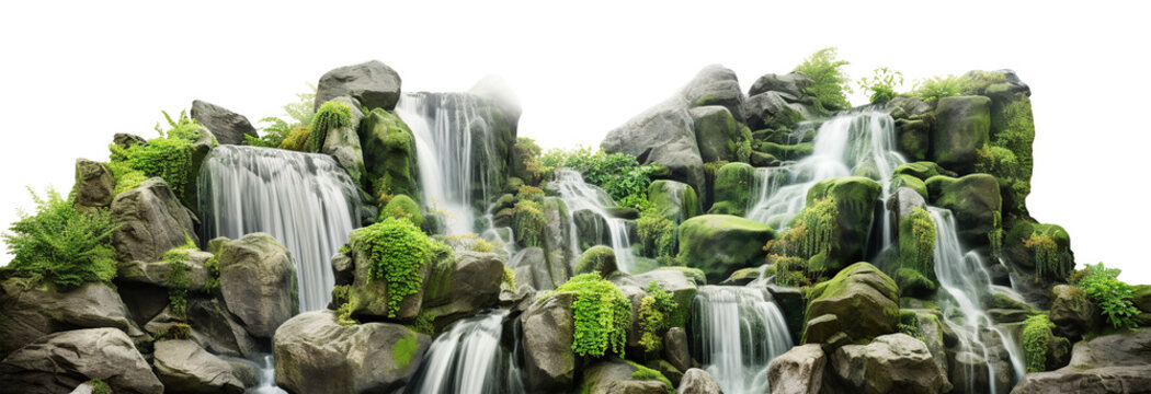 Cascading waterfalls in a lush green place, cut out