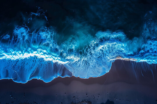 Sparkling Bioluminescent Waves on the Seashore, View From Above