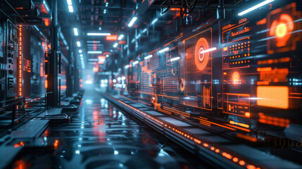 Futuristic data center with advanced server racks and holographic interfaces displaying digital information. Bright neon lights reflect on the sleek floor - obrazy, fototapety, plakaty