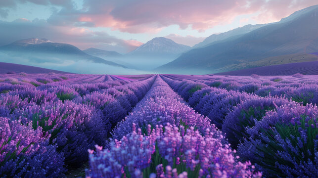 Lavender fields stretching towards misty mountains at dawn with vibrant purple hues under a colorful sky.