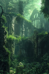 Ancient ruins overgrown with lush green vegetation in a dense forest, with sunlight filtering through the canopy illuminating the stonework.