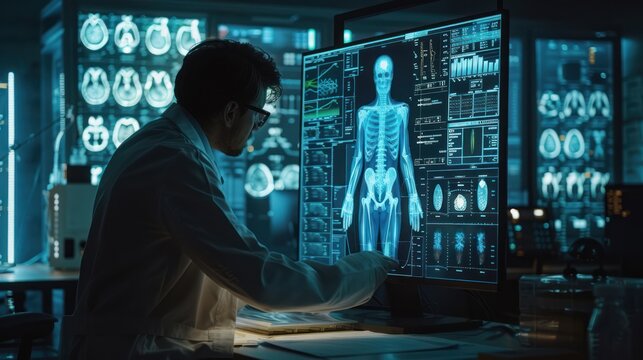 A Doctor working with a small graphic display of human body image in a modern laboratory