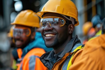 A group of multi-ethnic workers at a construction site wearing hard hats, safety glasses, and reflective clothing, smiling and conversing
