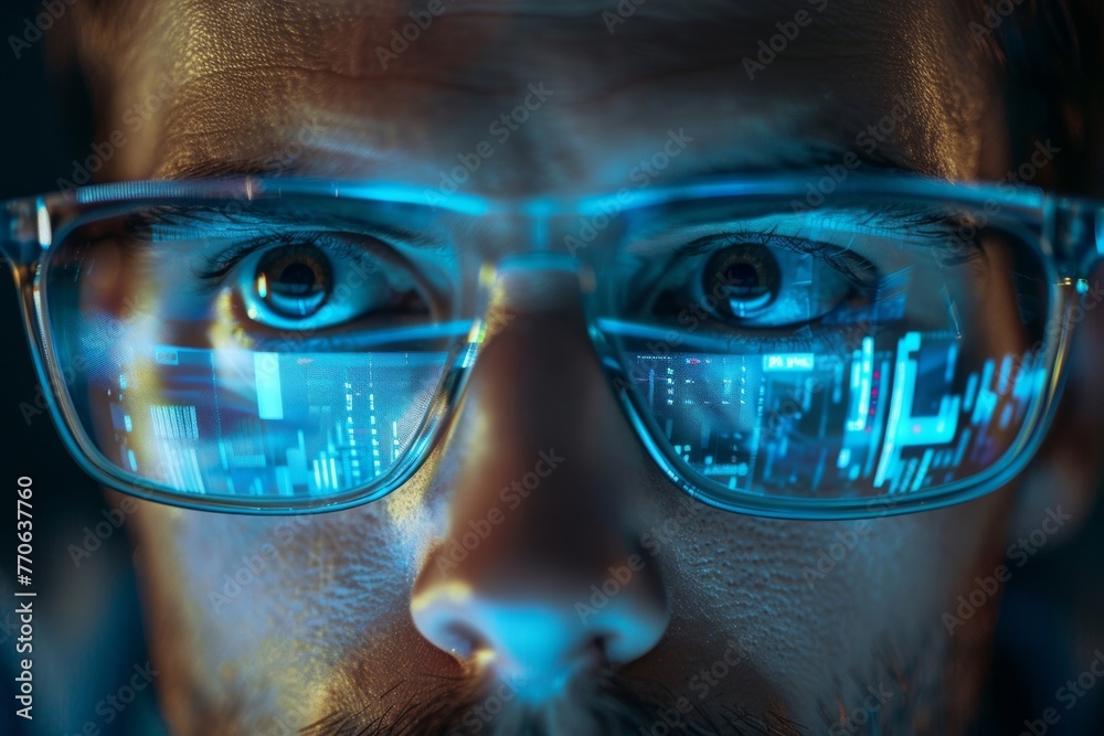 Poster a programmer wearing glasses focuses on coding on their computer, utilizing digital technology for c