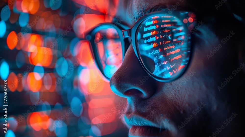 Poster a programmer wearing glasses focuses on coding on their computer, utilizing digital technology for c
