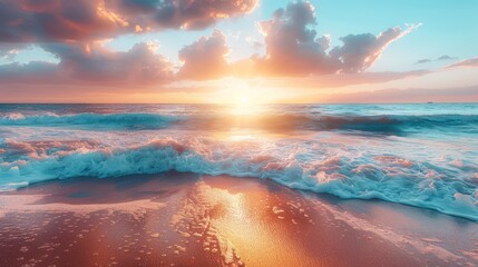 Beautiful beach scenery with calm waves and soft sandy beach Colorful Sunset sea - obrazy, fototapety, plakaty