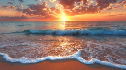 Beautiful beach scenery with calm waves and soft sandy beach Colorful Sunset sea - obrazy, fototapety, plakaty