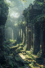 An ethereal forest scene with ancient ruins, light filters through the canopy onto the overgrown stone structures and scattered debris.