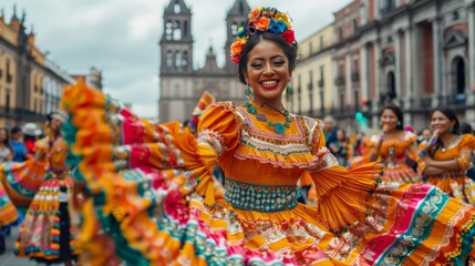 Traditional Mexican dancers in vibrant costumes perform at Basilica square in Mexico City during a religious festival, celebrating cultural heritage - obrazy, fototapety, plakaty