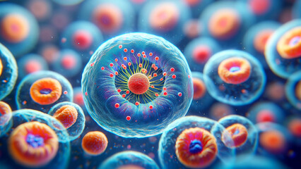 Detailed View of Cellular Mitosis in Vibrant Colors - obrazy, fototapety, plakaty
