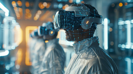 Side profile of a person in a futuristic laboratory setting wearing a virtual reality headset with holographic projection. The individual is dressed in protective lab attire - obrazy, fototapety, plakaty