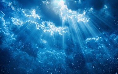 A clear sky dotted with fluffy white clouds. The sunlight filters through the clouds, casting a warm glow over the landscape. The scene radiates tranquility and serenity.