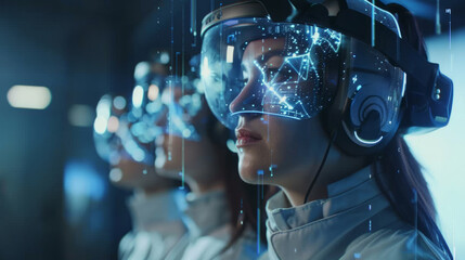 An individual in futuristic virtual reality gear with illuminated graphics overlaying the face, suggestive of high-tech software interaction or advanced gaming experience. - obrazy, fototapety, plakaty