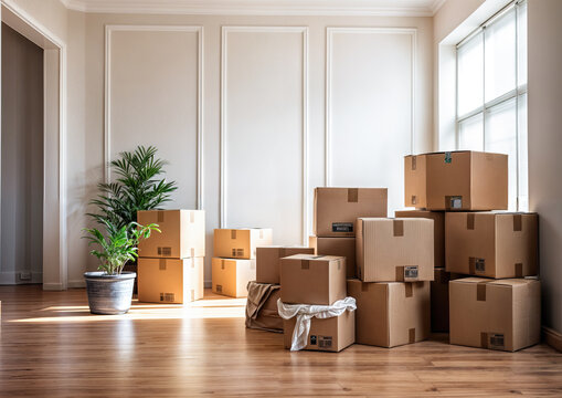 Moving boxes in empty room with green plant and large window. 3d rendering