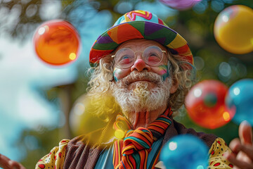 Friendly senior clown with glasses outdoors on a summer day. Generative AI.