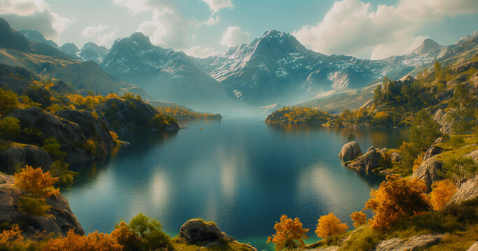 clear blue lake pictures окруженный High mountains- highlighting the beauty of nature Image generated by AI