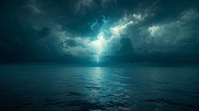Ominous ocean landscape under stormy skies with lightning bolt illuminating the dark waters, depicting a dramatic natural scene