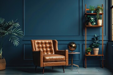 Aesthetic Comfort Dark Blue Living Room Interior Featuring a Cozy Leather Armchair, Wooden Shelves Adorned with Green Plants, and a Globe Symbolizing Adventure.
