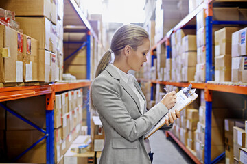 Writing, clipboard or business woman at a warehouse for logistics, planning or inventory. Admin,...