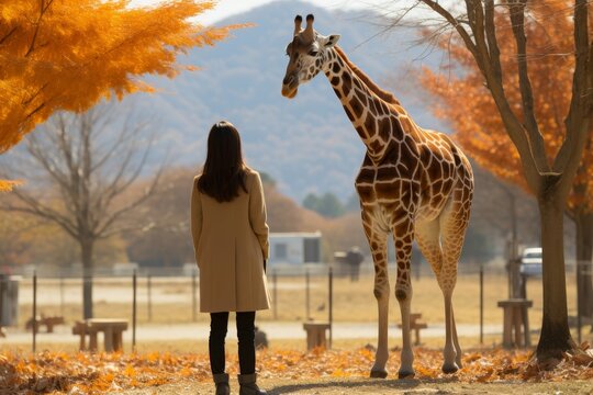 a couple on a safari, featuring a majestic giraffe in the backdrop.The image should emanate a sense of adventure and wonder
