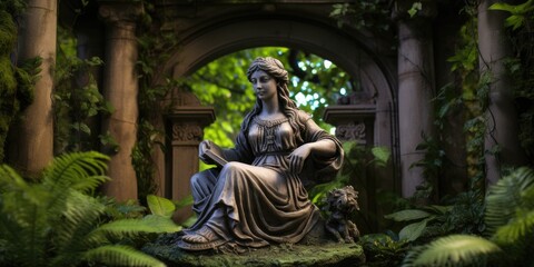 Serenity emanates from the statue of a woman reading a book, embraced by the tranquility of verdant greenery.